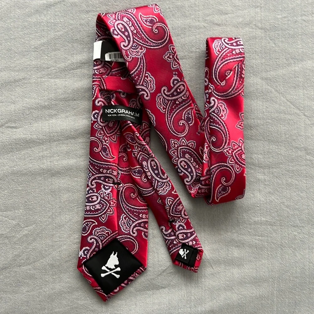 Necktie & Clip Set Nick Graham Handmade Mens Red Blue Paisley Neck Tie - Picture 7 of 11